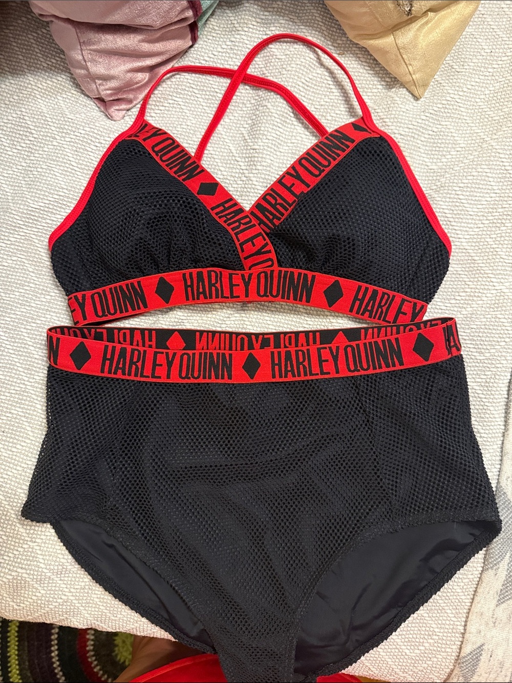 Hot Topic DC Comics Harley Quinn Black & Red High WaistTwo-Piece Mesh Bikini Set